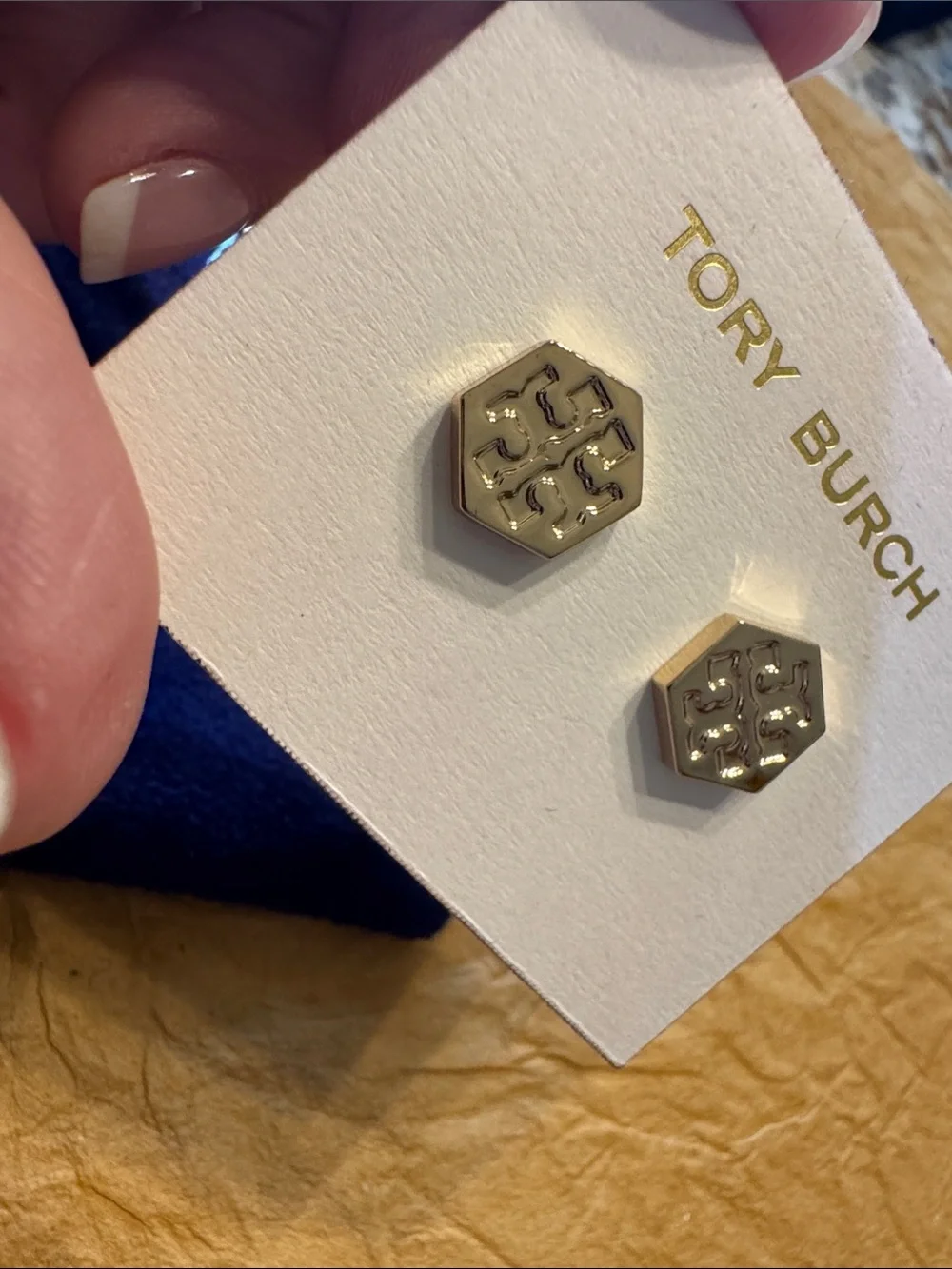 Tory Burch Hexagon Logo Yellow Gold-Tone Post Earrings
